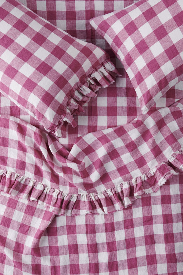 Fuchsia Gingham Ruffle Flat Sheet