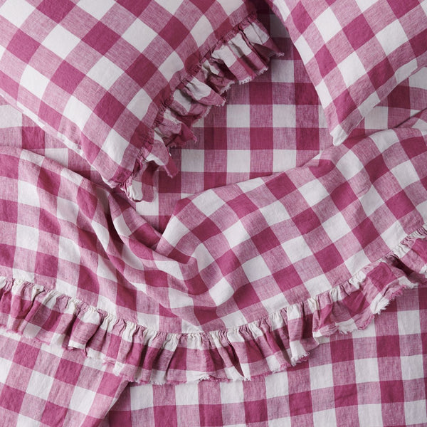 Fuchsia Gingham Ruffle Flat Sheet