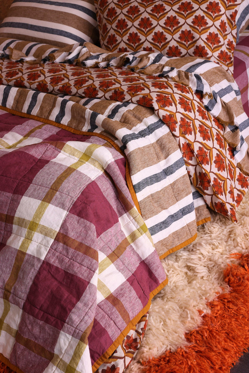 NEW - Taupe Stripe/Plum Check Double Sided Quilt